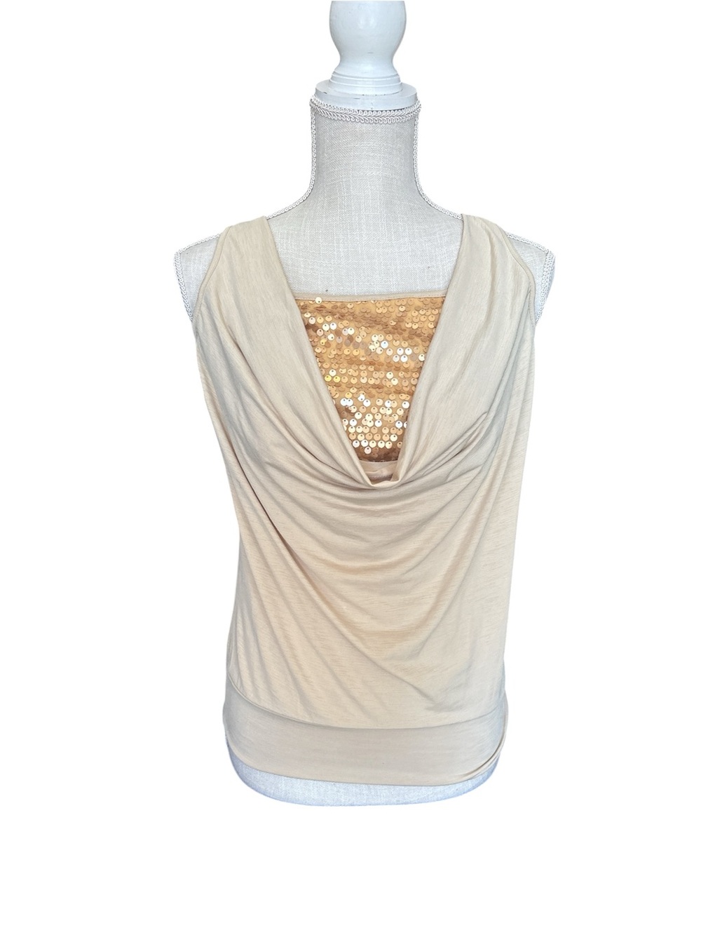 Women Cream Draped Camisole with Gold Sequin Panel -Size Small